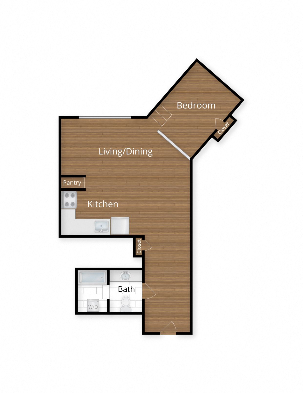 Floor plan for 1 bed, 1 bath, 609 sqft